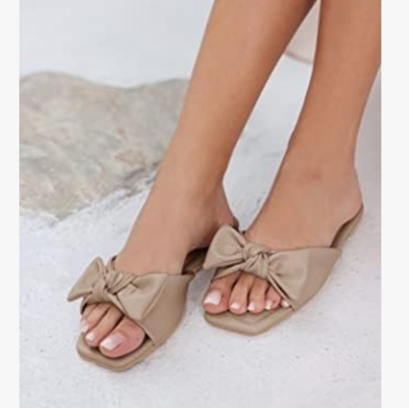 Coutgo Womens Nude Size 11 Open Toe Bow Strap Slide Sandals - Picture 7 of 11